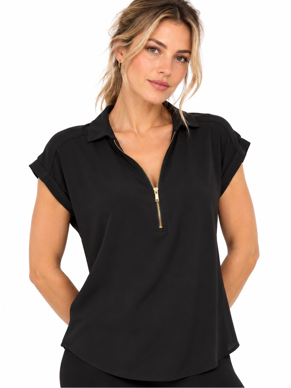 Suzy Shier Black Gold Zip Sleeveless Ruched Top XL Y2K